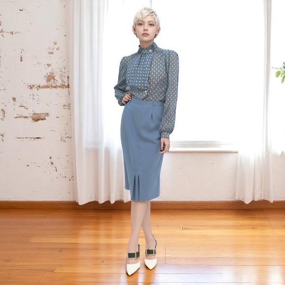 Vintage 80s Coquette Ruffle Blouse And Pleated Skirt‎ Set In Steel Blue Size S/M - Picture 1 of 9